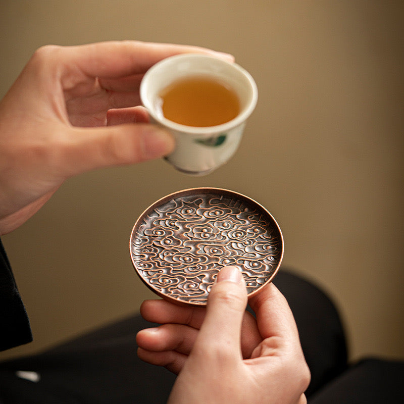 Aged Alloy Teacup Coaster with Auspicious Cloud Pattern