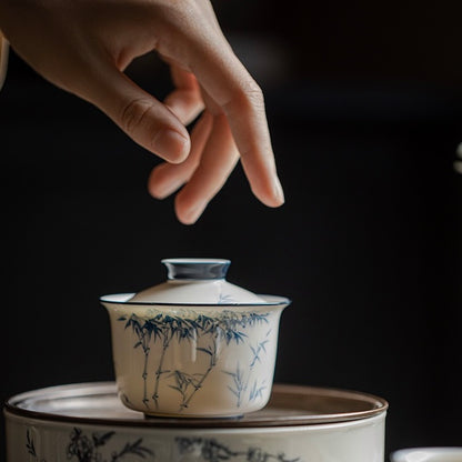 Jade Porcelain Under-Glaze Blue Hand-Painted Tea Bowl Gaiwan Tea Cup with Bamboo Design