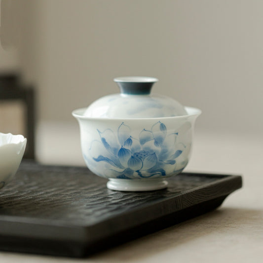 Blue Lotus Underglaze Hand-painted Gaiwan