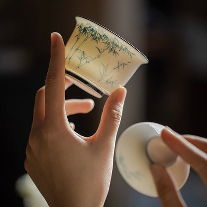 Jade Porcelain Under-Glaze Blue Hand-Painted Tea Bowl Gaiwan Tea Cup with Bamboo Design