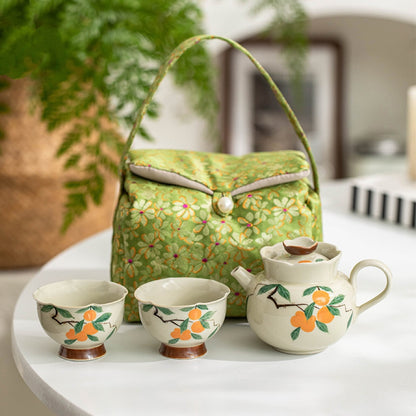 Hand-painted Persimmon and Dark Greyish Green Tea Set for Travel