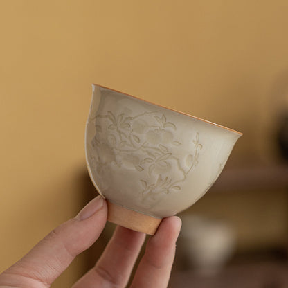 Grey Ceramic Teacup in Persimmon Shape with Carved Flowers and Grass