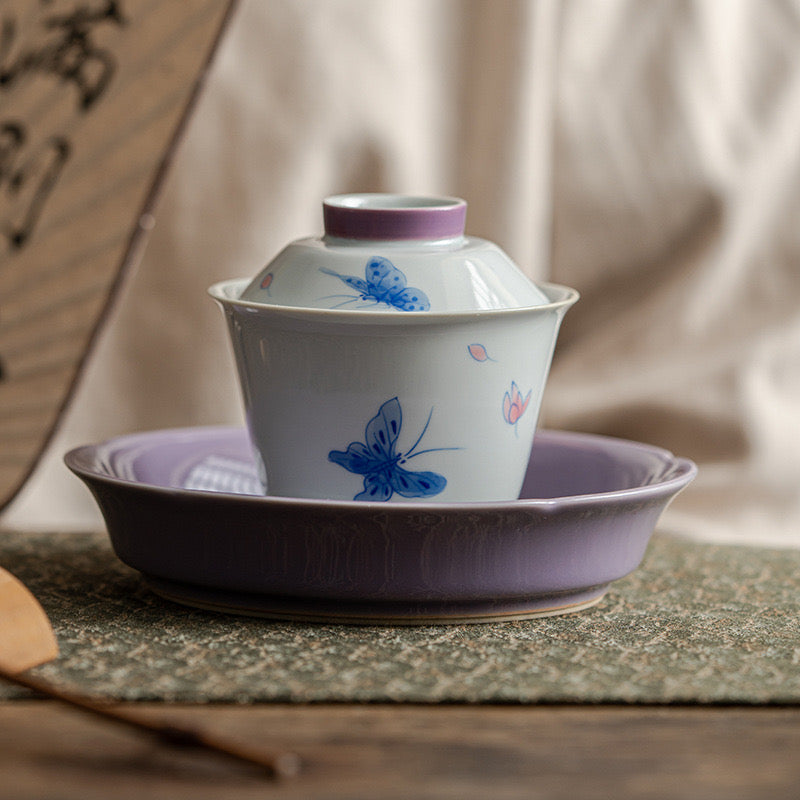 Hand-painted Purple Butterfly Three-piece Gaiwan