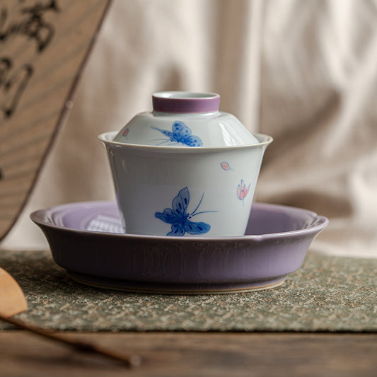 Hand-painted Purple Butterfly Three-piece Gaiwan