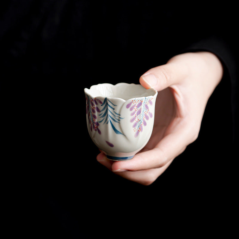 Hand-painted Wisteria Flower Teacup with Plant-ash Glaze