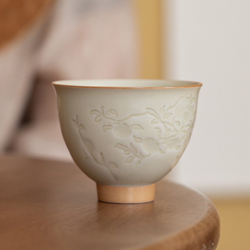 Grey Ceramic Teacup in Persimmon Shape with Carved Flowers and Grass