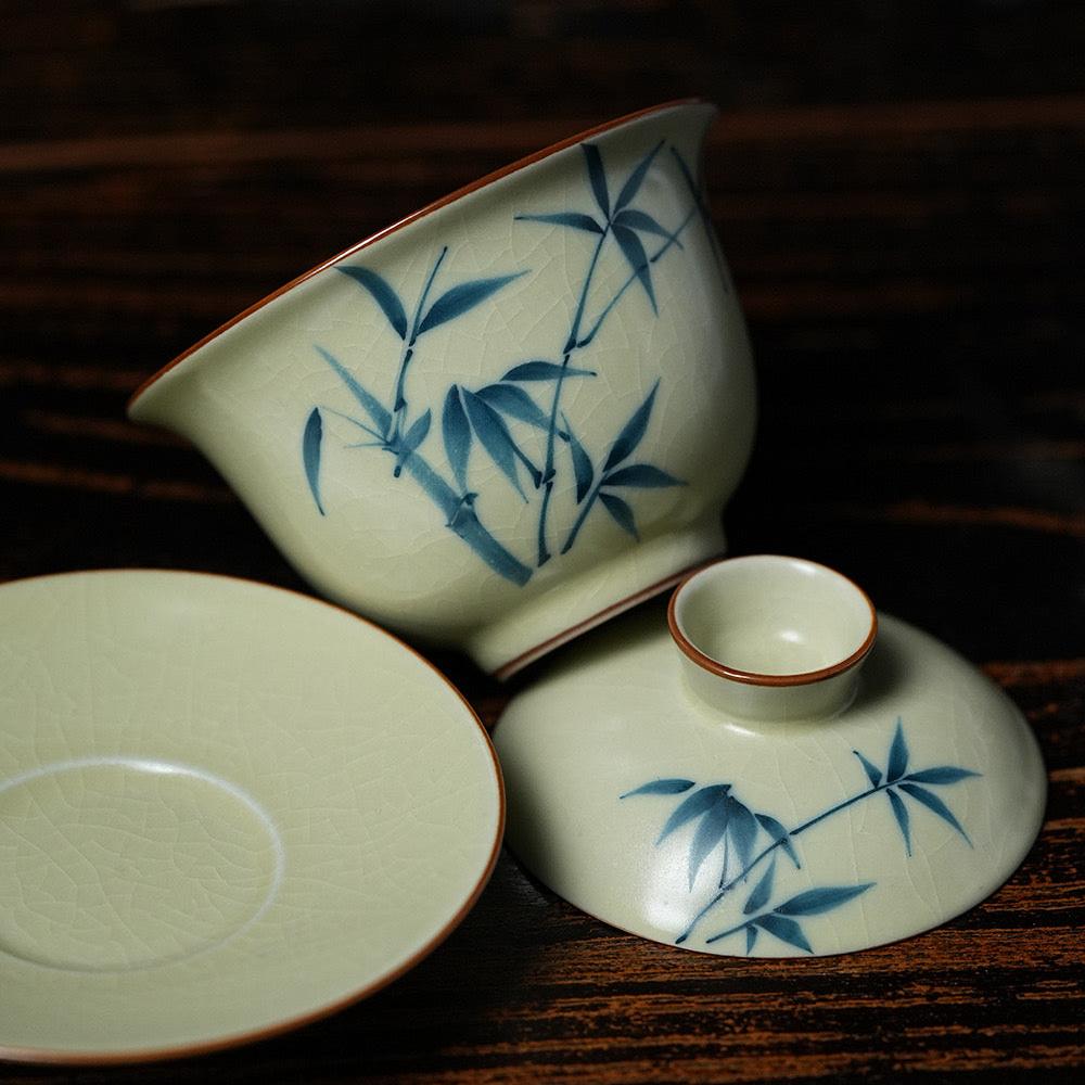 Hand-Painted Gaiwan Bamboo Pattern Three-Piece Covered Tea Bowl for Home