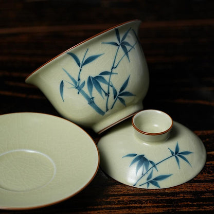 Hand-Painted Gaiwan Bamboo Pattern Three-Piece Covered Tea Bowl for Home