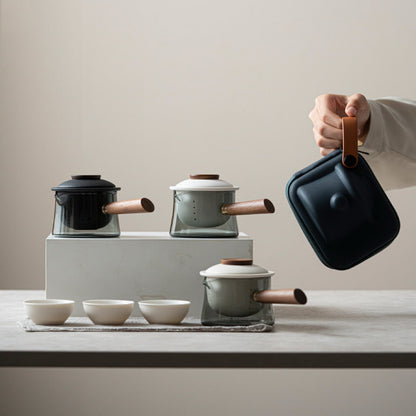 Portable Ceramic Tea Set Travel Kit with One Pot and Three Cups, Glass Included