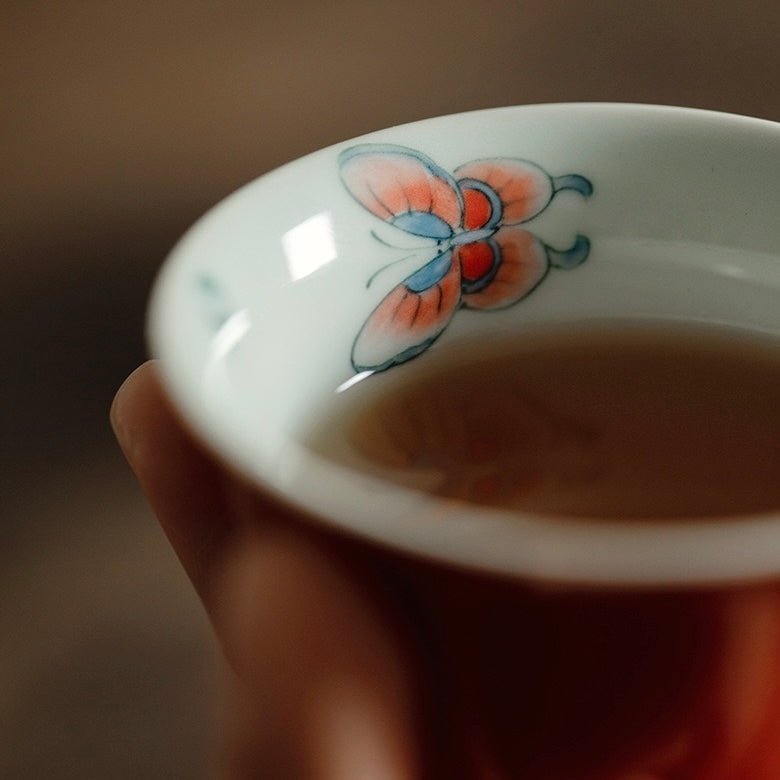 Alum Red Famille Rose Hand Painted Butterfly TeacupTeacupsAnyee TeaAlum Red Famille Rose Hand Painted Butterfly Teacup