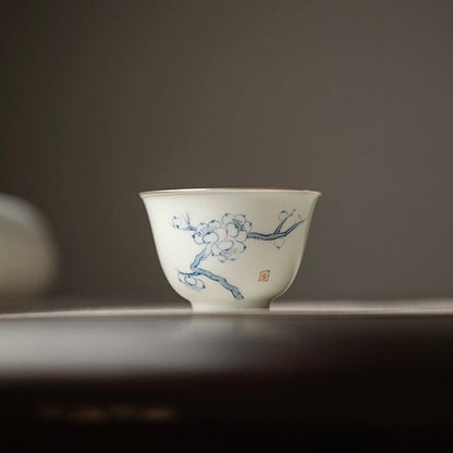 Blue and White Hand Painted Pine, Bambooand Plum - Blossom Teacup with Silver Rimmed EdgesAnyee TeaBlue and White Hand Painted Pine, Bambooand Plum - Blossom Teacup with Silver Rimmed EdgesPlum Blossom