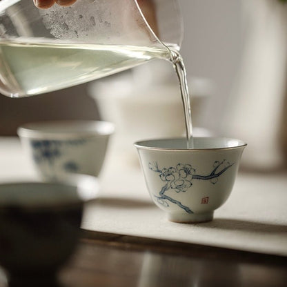 Blue and White Hand Painted Pine, Bambooand Plum - Blossom Teacup with Silver Rimmed EdgesAnyee TeaBlue and White Hand Painted Pine, Bambooand Plum - Blossom Teacup with Silver Rimmed EdgesBamboo