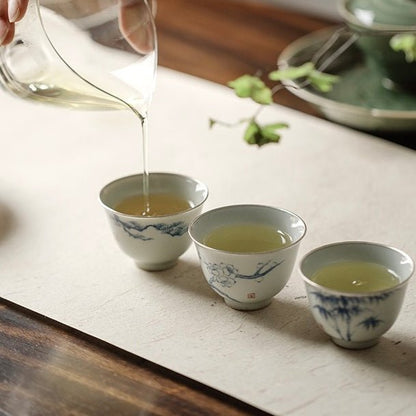 Blue and White Hand Painted Pine, Bambooand Plum - Blossom Teacup with Silver Rimmed EdgesAnyee TeaBlue and White Hand Painted Pine, Bambooand Plum - Blossom Teacup with Silver Rimmed EdgesPine