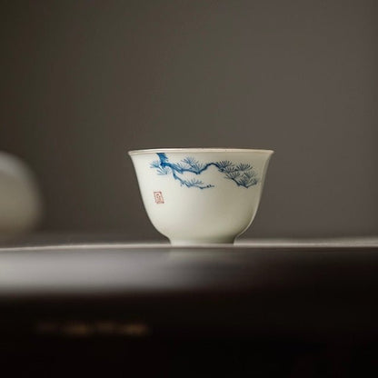 Blue and White Hand Painted Pine, Bambooand Plum - Blossom Teacup with Silver Rimmed EdgesAnyee TeaBlue and White Hand Painted Pine, Bambooand Plum - Blossom Teacup with Silver Rimmed EdgesPine