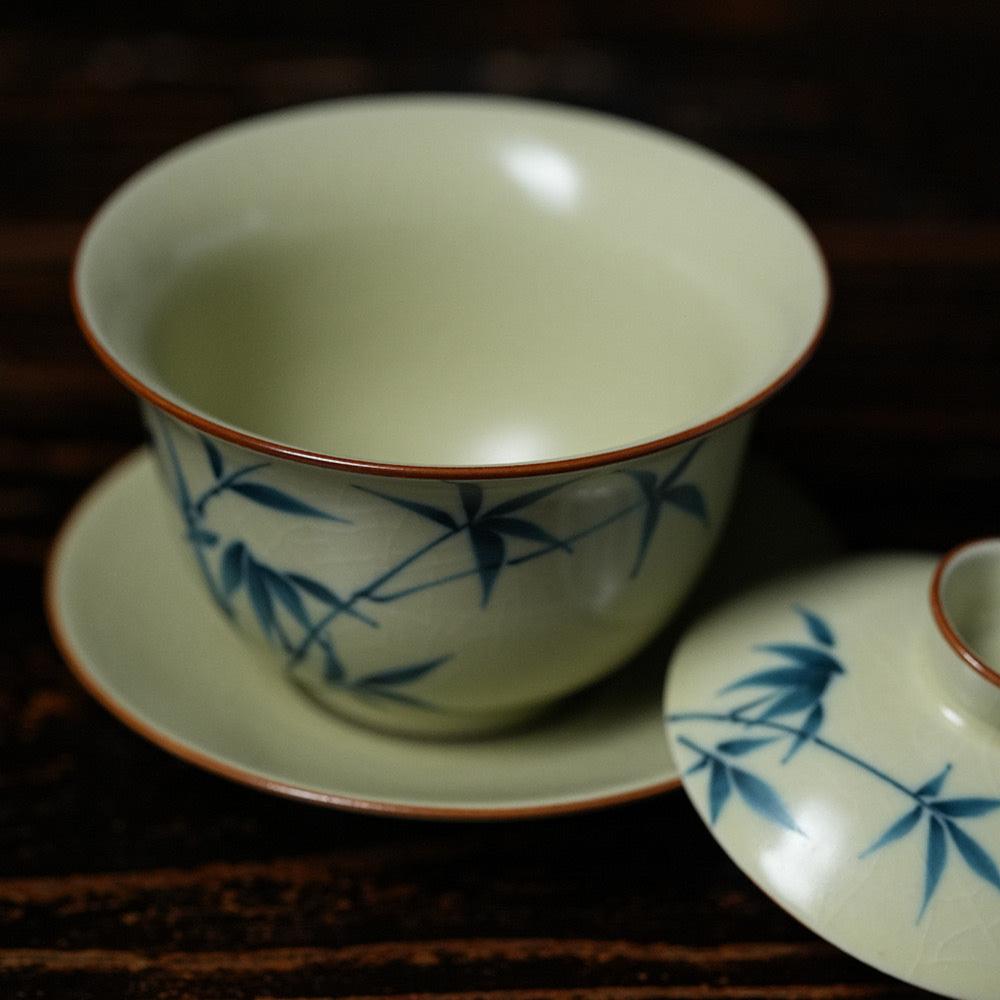 Hand Painted Gaiwan Bamboo Pattern Three Piece Covered Tea Bowl for HomeGaiwanAnyee TeaHand Painted Gaiwan Bamboo Pattern Three Piece Covered Tea Bowl for Home