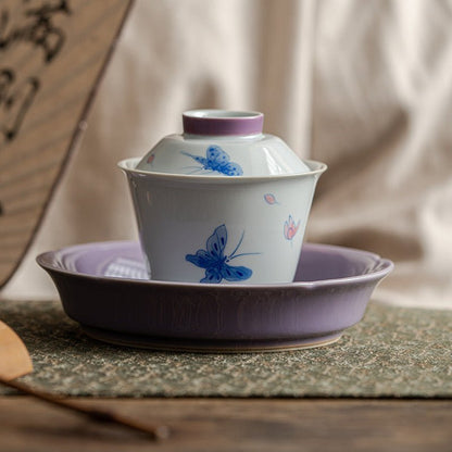 Hand Painted Purple Butterfly Three Piece GaiwanGaiwanAnyee TeaHand Painted Purple Butterfly Three Piece Gaiwan
