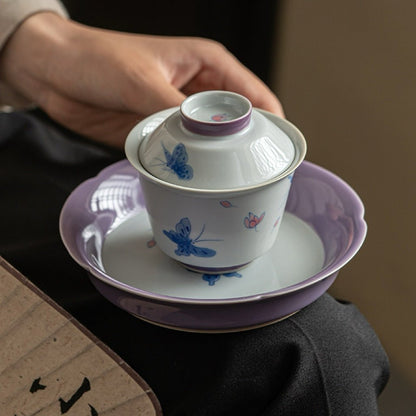 Hand Painted Purple Butterfly Three Piece GaiwanGaiwanAnyee TeaHand Painted Purple Butterfly Three Piece Gaiwan
