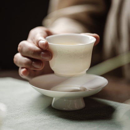 Handmade Relief Tea Cup of White Porcelain like Suet Jade with CoasterTeacupsAnyee TeaHandmade Relief Tea Cup of White Porcelain like Suet Jade with CoasterPlum