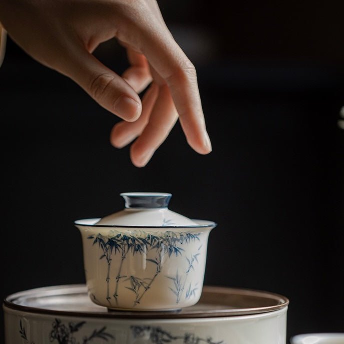 Jade Porcelain Under - Glaze Blue Hand - Painted Tea Bowl Gaiwan Tea Cup with Bamboo DesignGaiwanAnyee TeaJade Porcelain Under - Glaze Blue Hand - Painted Tea Bowl Gaiwan Tea Cup with Bamboo Design