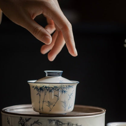 Jade Porcelain Under - Glaze Blue Hand - Painted Tea Bowl Gaiwan Tea Cup with Bamboo DesignGaiwanAnyee TeaJade Porcelain Under - Glaze Blue Hand - Painted Tea Bowl Gaiwan Tea Cup with Bamboo Design